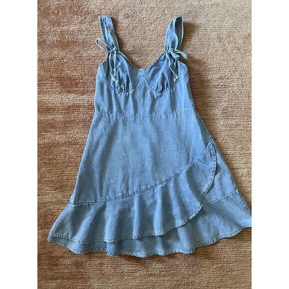 Denim Blue Sleeveless Mini Dress With Ruffle Hem and Tie Straps - Picture 1 of 7